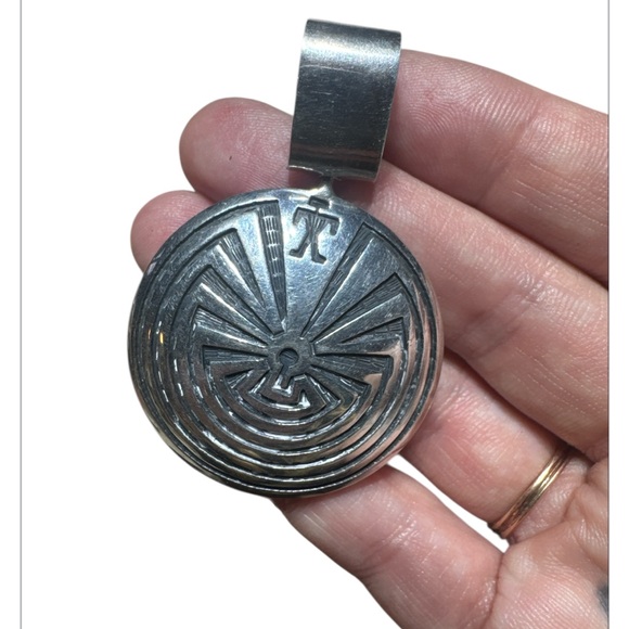 Native Jewelry - Vintage Sterling Silver Native American Hopi Man in Maze Pendant 2.25”